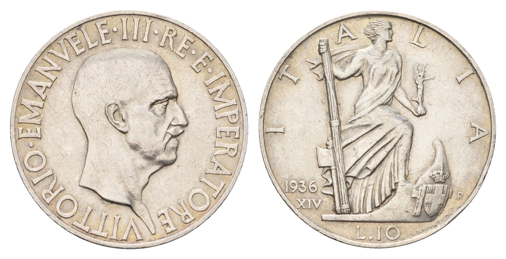 Италия 10 лир 1936 год-тип KM 80 серебро 413-2425