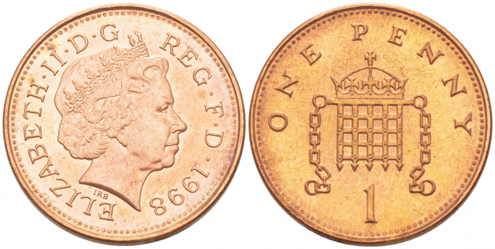 Великобритания 1 пенни 1998 Елизавета II (1952-2022) KM 986, Spink 4710 (B5) сталь плакированная медью UNC 112-1035
