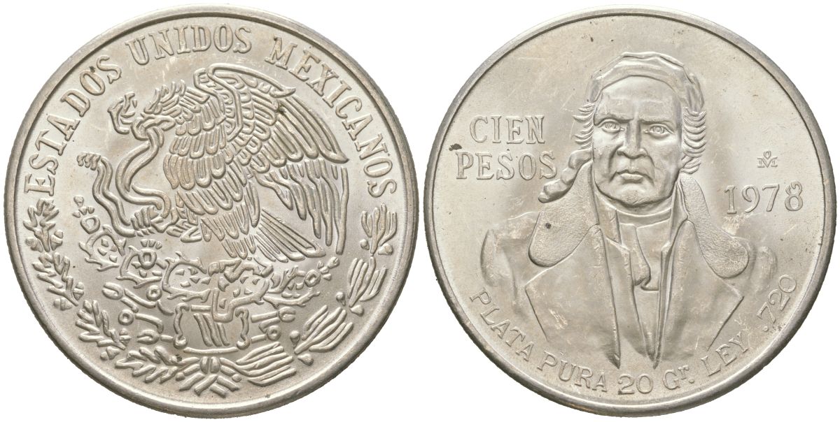Мексика 100 песо 1978 KM 483 серебро UNC 4368-1214
