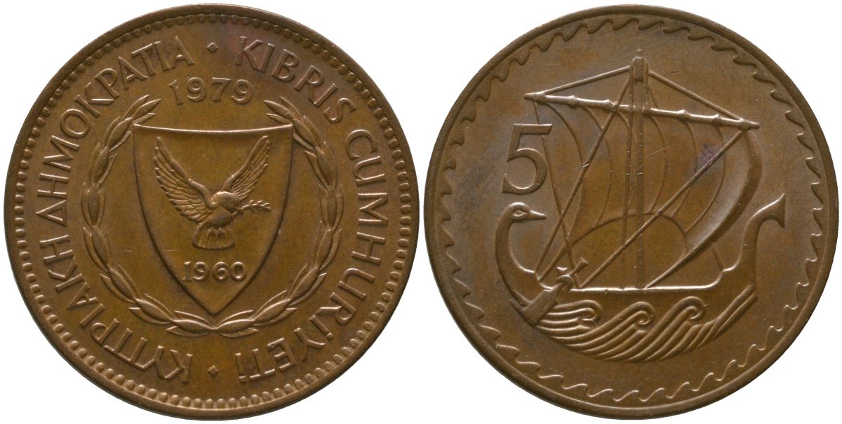 Кипр 5 милей 1979 KM 39 бронза 4573-647