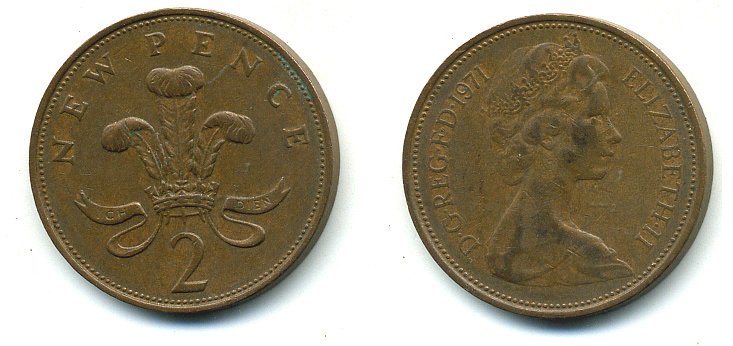 Великобритания 2 пенса 1971 Елизавета II (1952-2022) КМ 916, Spink 4235 (C1) бронза 4110-711