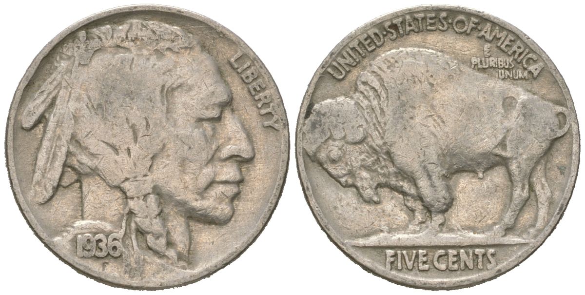 США 5 центов 1936 индеец, бизон KM 134 медно-никель 4614-1238