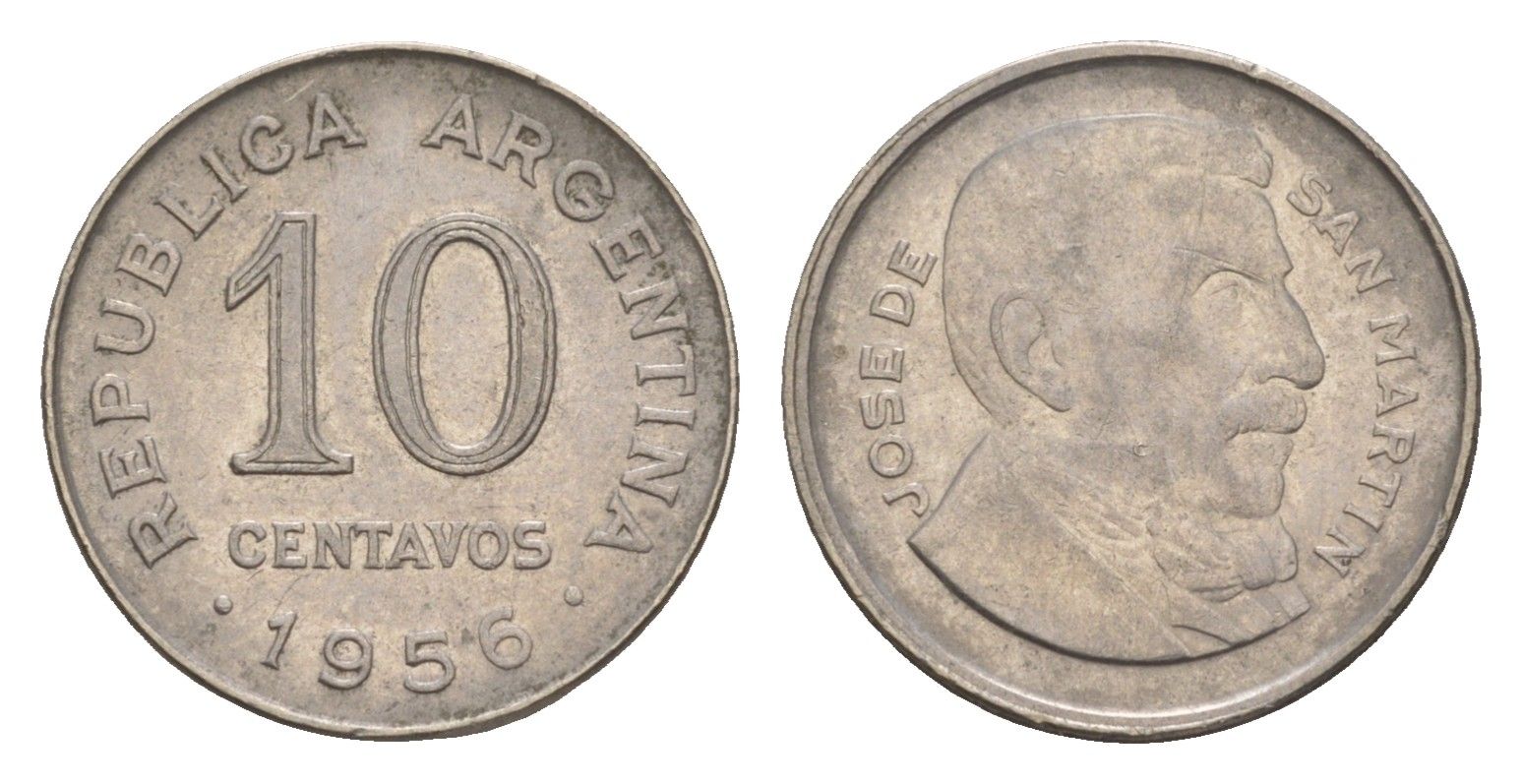 Аргентина 10 сентаво 1956 генерал Хосе де Сан Мартин KM 51 сталь плакированная никелем 4655-1018