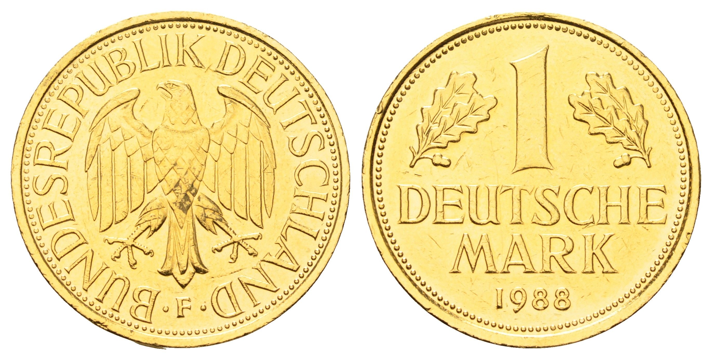 ФРГ 1 марка 1988 KM 110, J. 385 медно-никель, золочение 4654-636