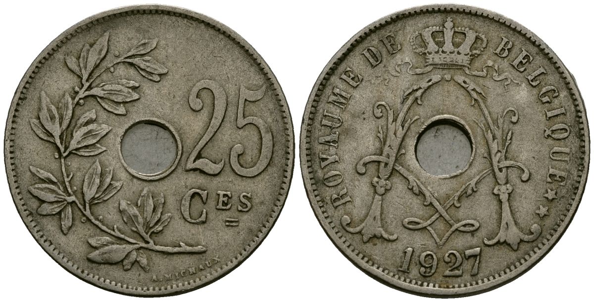 Бельгия 25 сантимов 1927 Belgique KM 68 медно-никель 4165-523