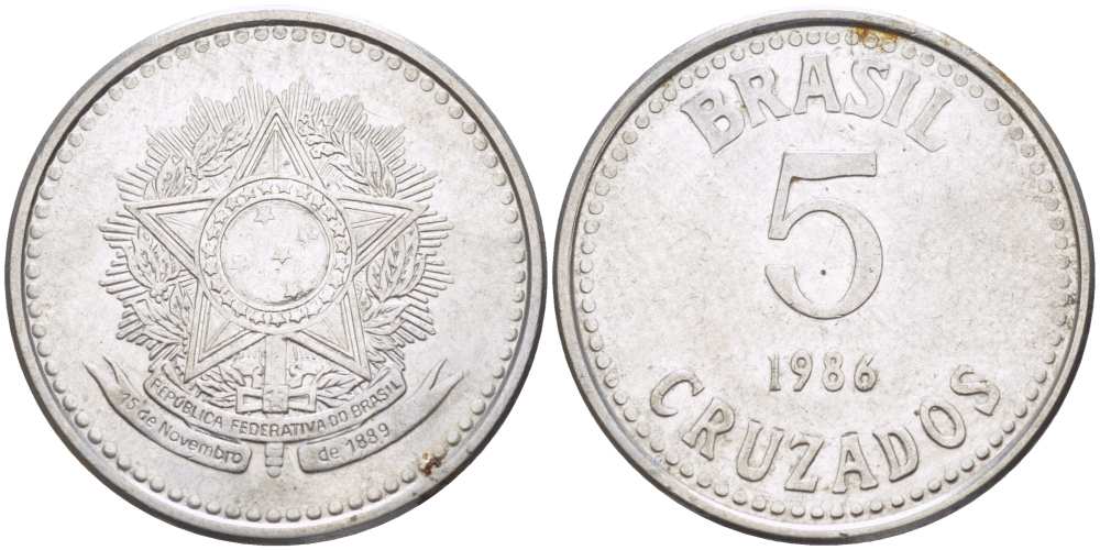 Бразилия 5 крузадо 1986 реформа (1986-1989) KM 606 нержавеющая сталь 24-732