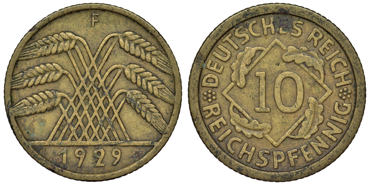 Германия 10 рейхспфеннигов 1929 F KM 40, J. 317 алюминиевая бронза 4121-924