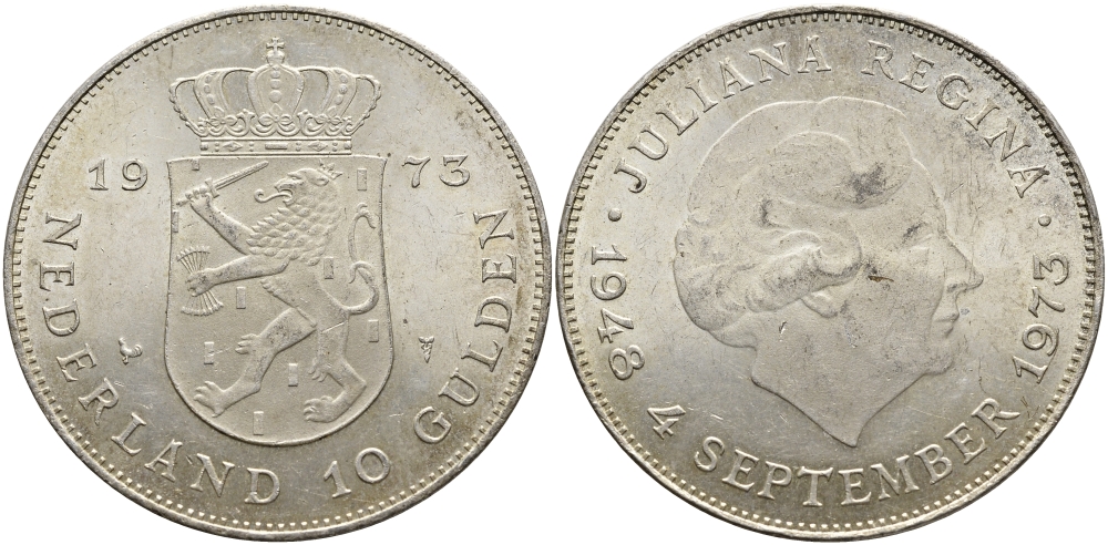 Нидерланды 10 гульденов 1973 25 лет правления королевы Юлианы KM 196 серебро UNC 413-3543