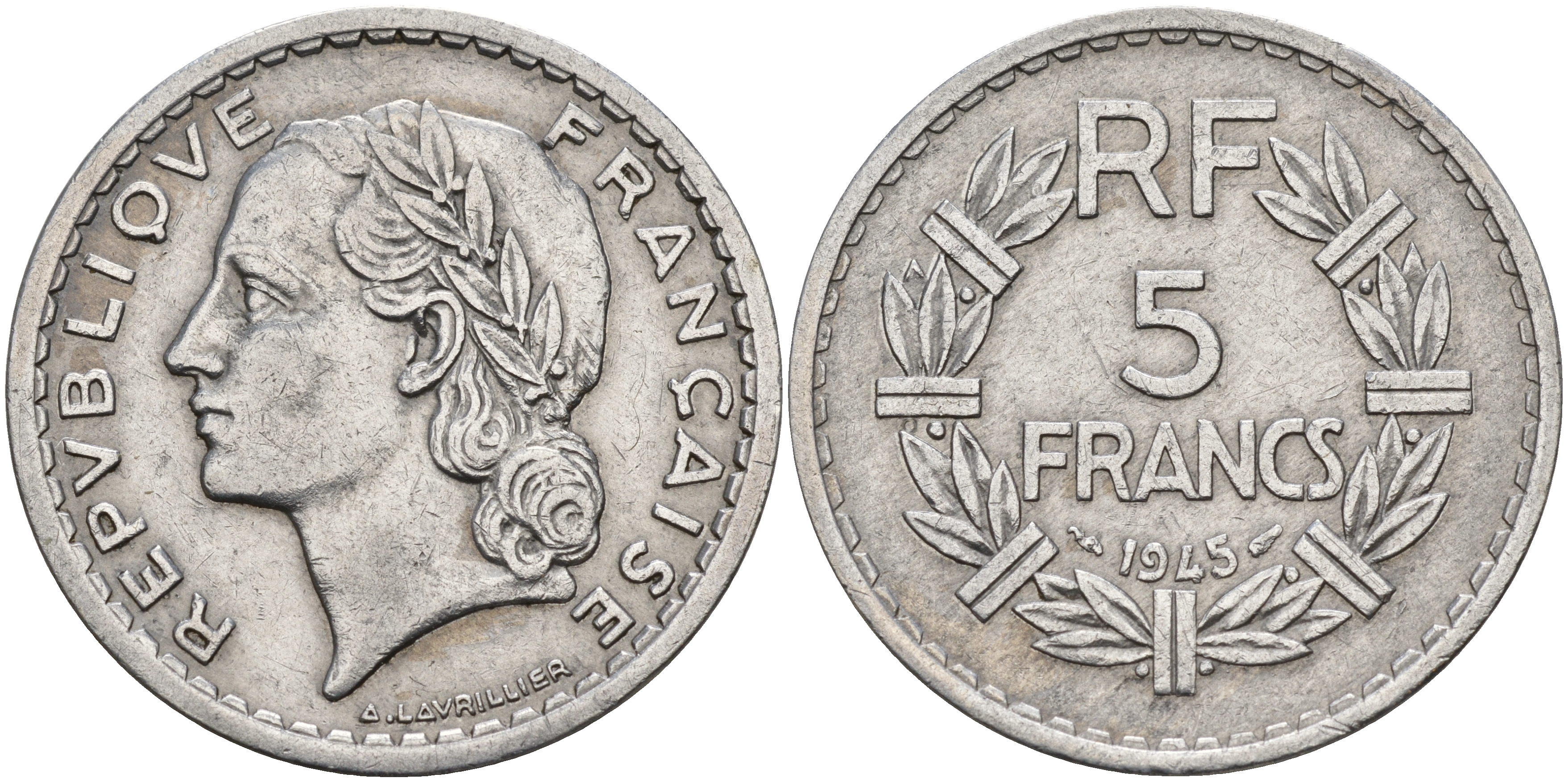 Франция 5 франков 1945 KM 888b.1, Le Franc 339.3 алюминий 4149-444