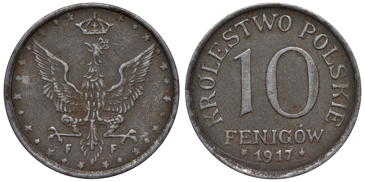 Польша 10 фенигов 1917 FF, германская оккупация, регенство Y 6 железо 4119-434