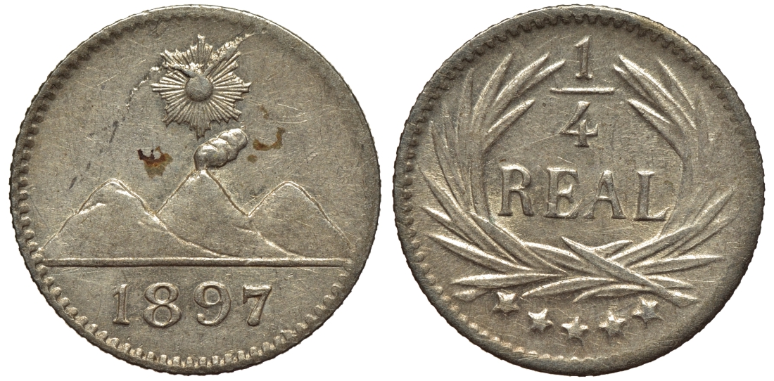 Гватемала 1/4 реала 1897 5 звезд, Испанское правление KM 162 серебро 112-745