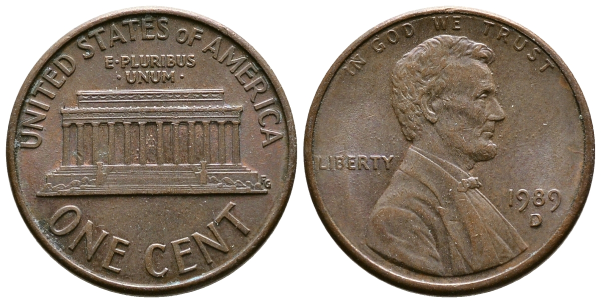 США 1 цент 1989 D, Линкольн KM 201b цинк плакированный медью    4608-423