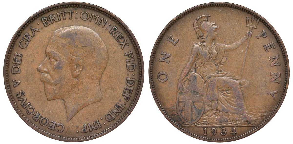 Великобритания 1 пенни 1934 Георг V (1910-1936) KM 838, Spink 4055 бронза 4123-1035