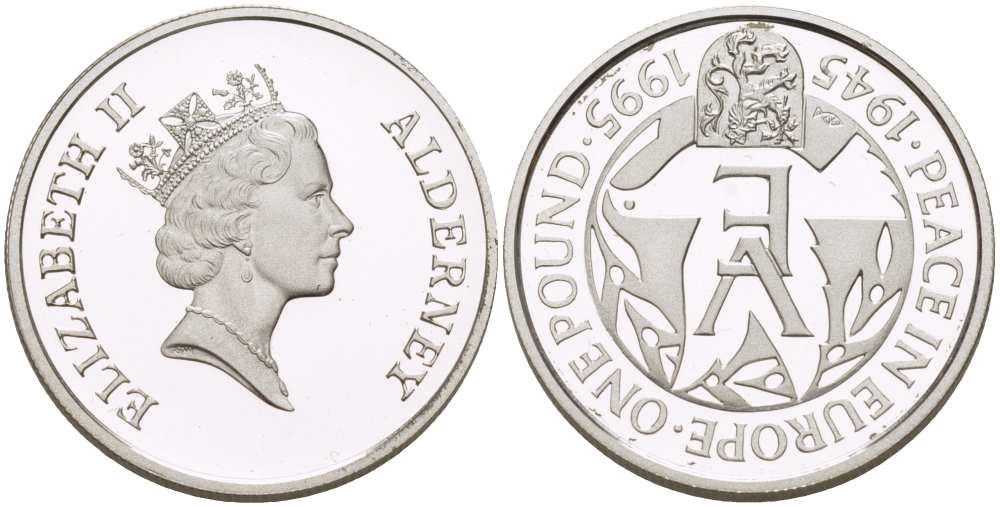 Олдерни 1 фунт 1995 50 лет мира в Европе, вес 9,5 гр., тираж 20000 экз., диаметр 22,5 мм. KM 12 серебро  PROOF  413-1841