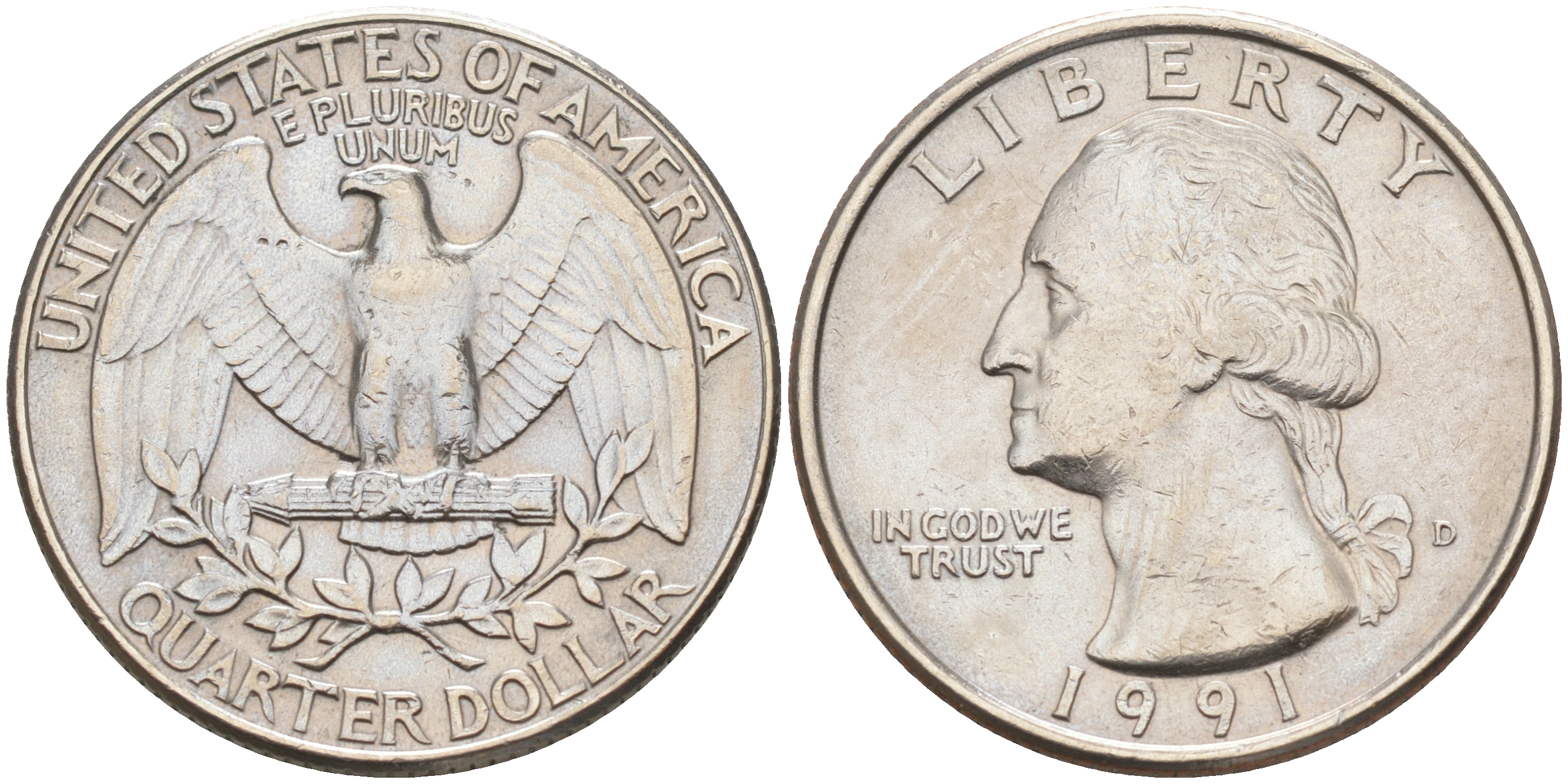 США 25 ЦЕНТОВ = КВОТЕР 1991 D, ВАШИНГТОН KM А164a медь плакированная медно-никелем 190-412