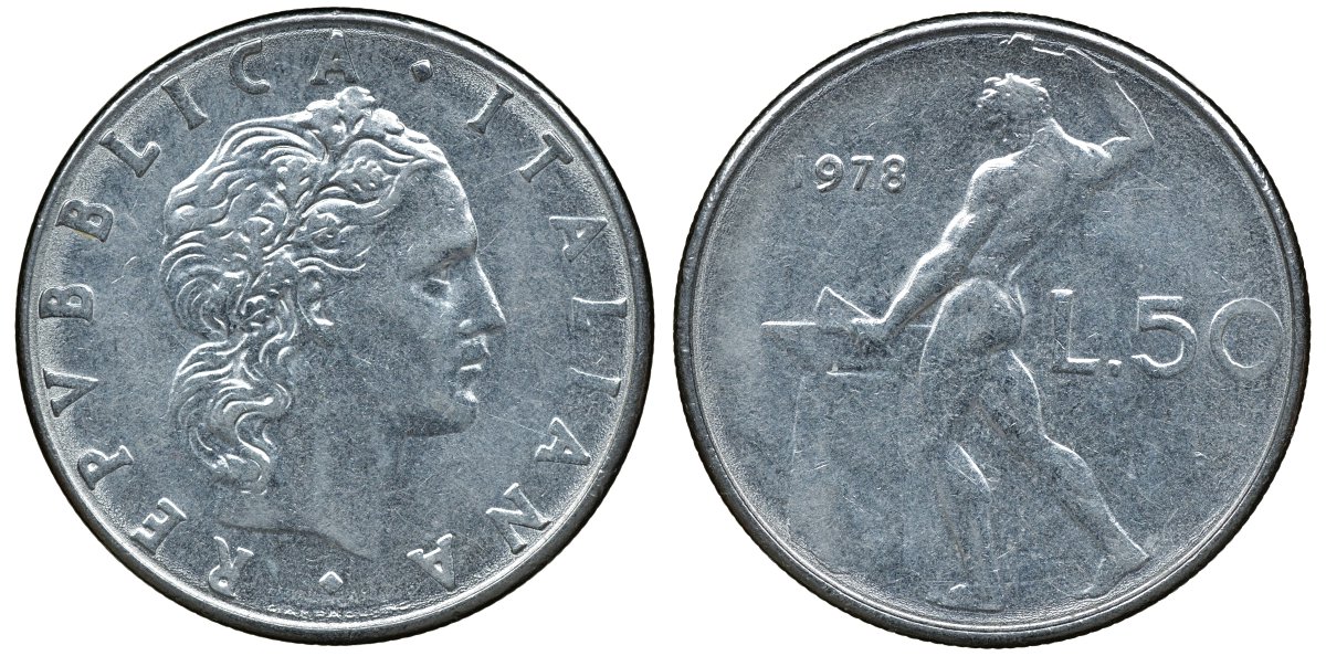 ИТАЛИЯ 50 ЛИР 1978 R, БОГ ОГНЯ ВУЛКАН У НАКОВАЛЬНИ KM 95.1 нержавеющая сталь 72-542