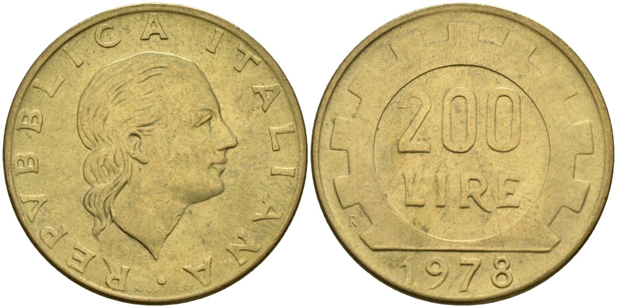 Италия 200 лир 1978 R, шестерня KM 105 алюминиевая бронза 4171-941