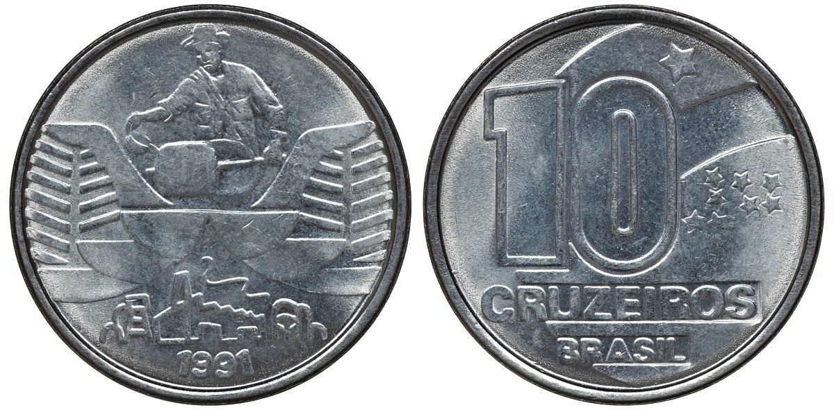 БРАЗИЛИЯ 10 КРУЗЕЙРО 1991 KM 618.2 сталь aUNC 72-1715