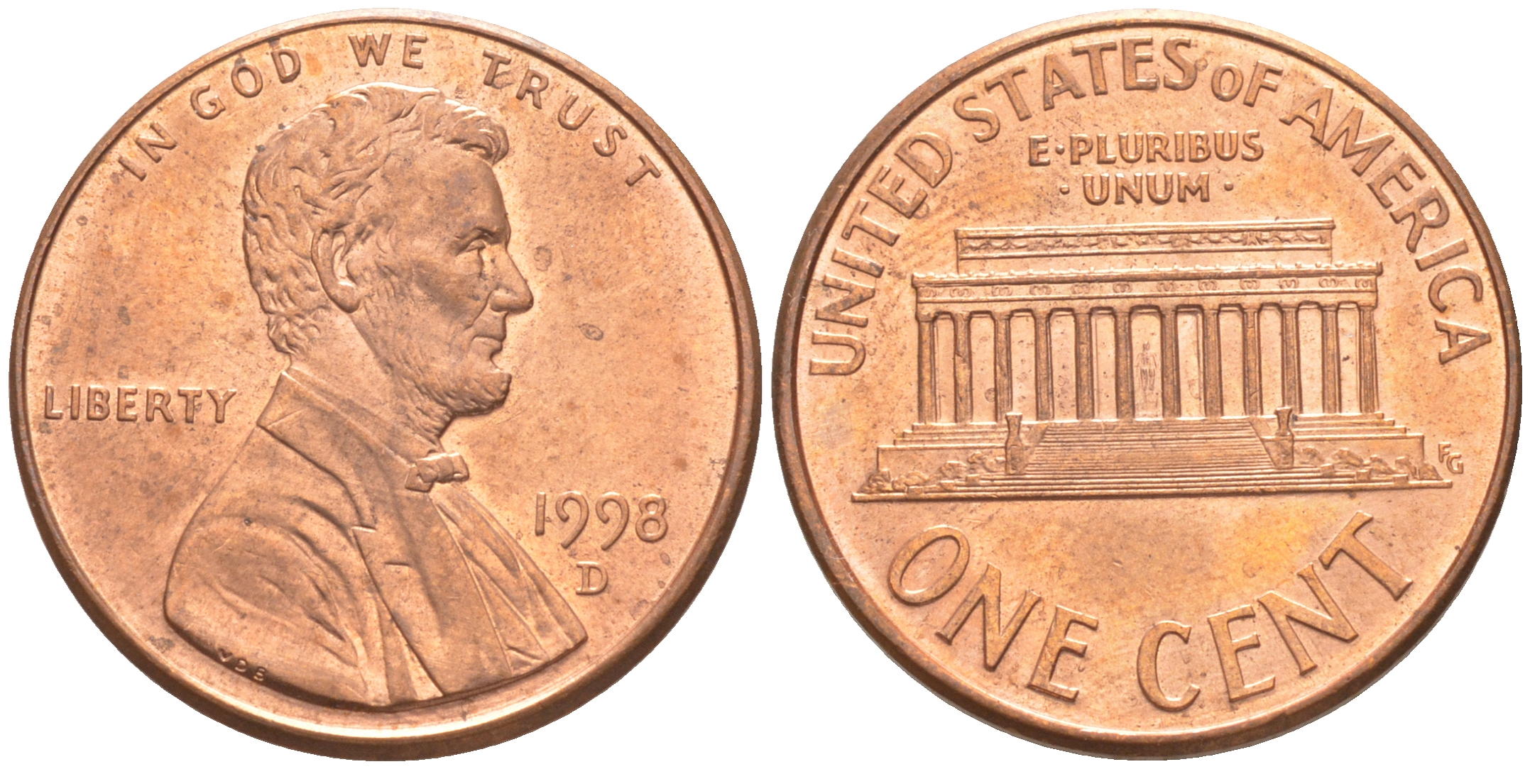 США 1 ЦЕНТ 1998 D ЛИНКОЛЬН KM 201b цинк плакированный медью UNC 187-751