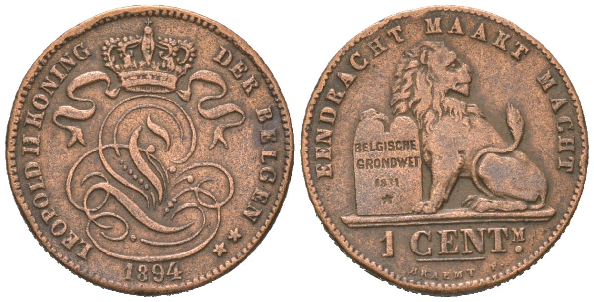 Бельгия 1 сантим 1894 Леопольд II (1865-1909) KM 34 медь 4615-321
