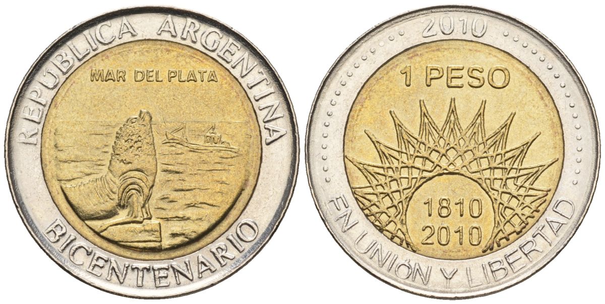 Аргентина 1 песо 2010 200 лет Аргентине - Мар-дель-Плата KM 158, CJ 6.19, Schon 168 биметалл    60-645
