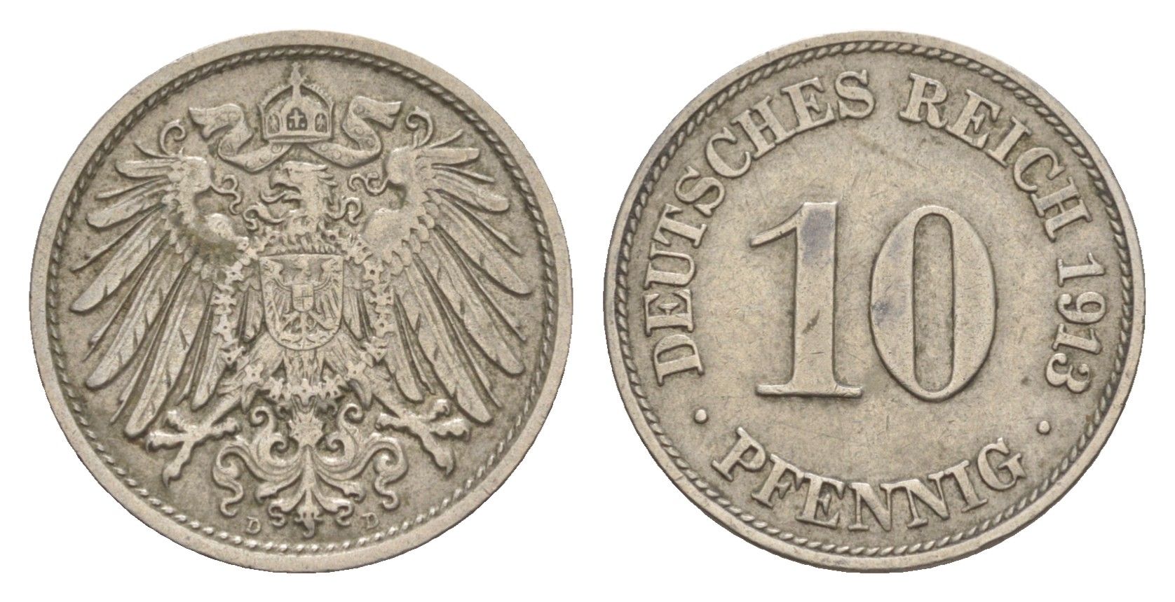 Германия 10 пфеннигов 1913 D, Вильгельм II (1888-1918) KM 12, J. 13 медно-никель 4644-1214