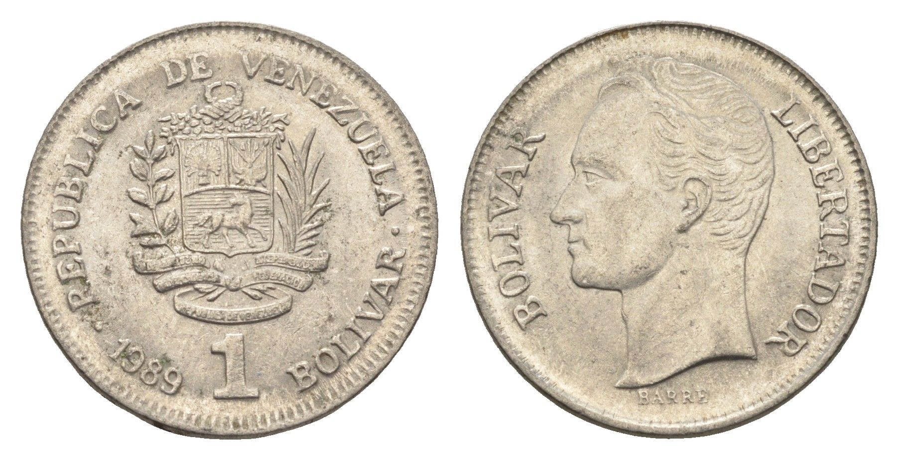 Венесуэла 1 боливар 1989 Симон Боливар, тонкий шрифт Y 52a.1 сталь плакированная никелем 4662-843