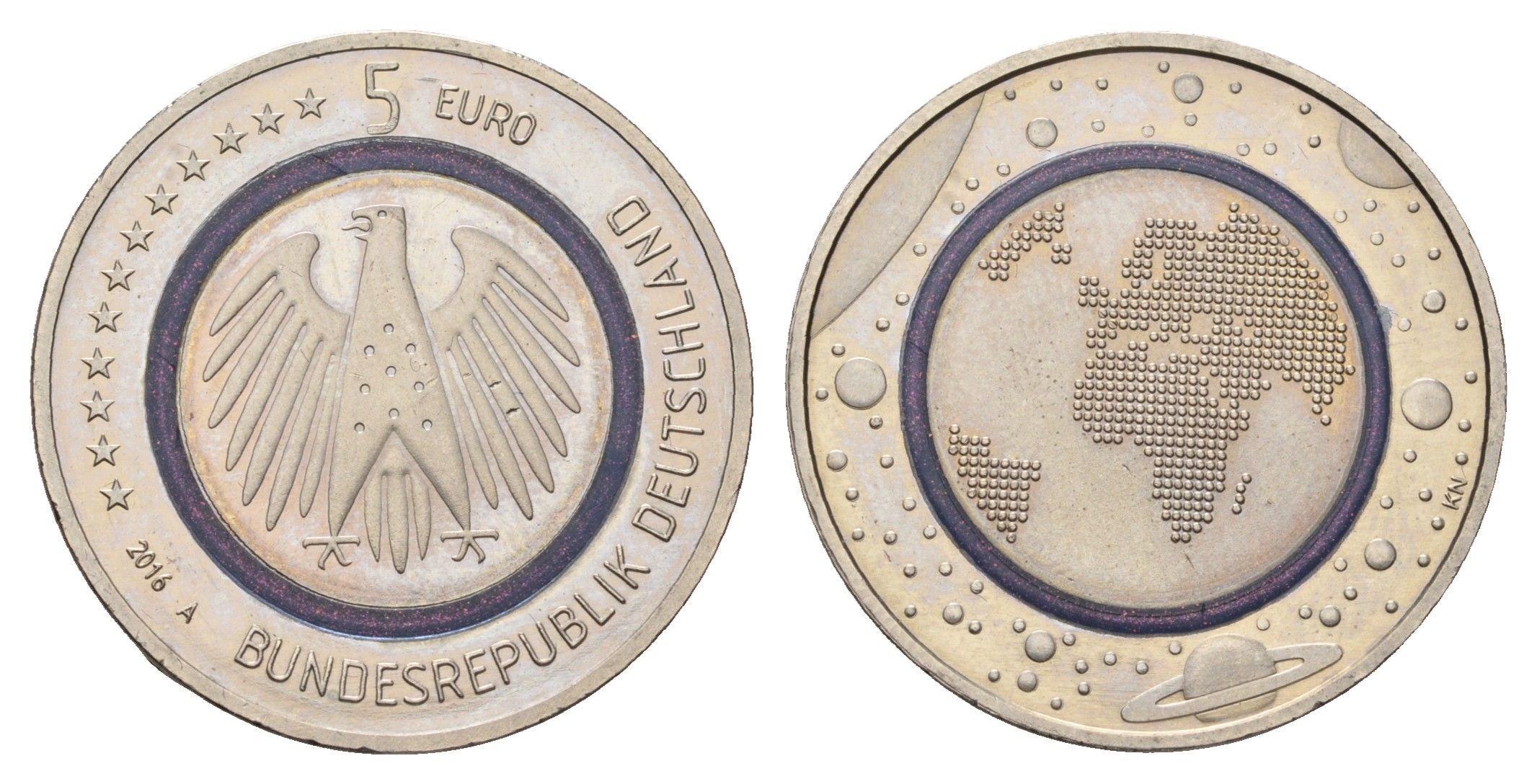 Германия 5 евро 2016 A, Планета Земля KM 348 триметалл UNC 1523-941