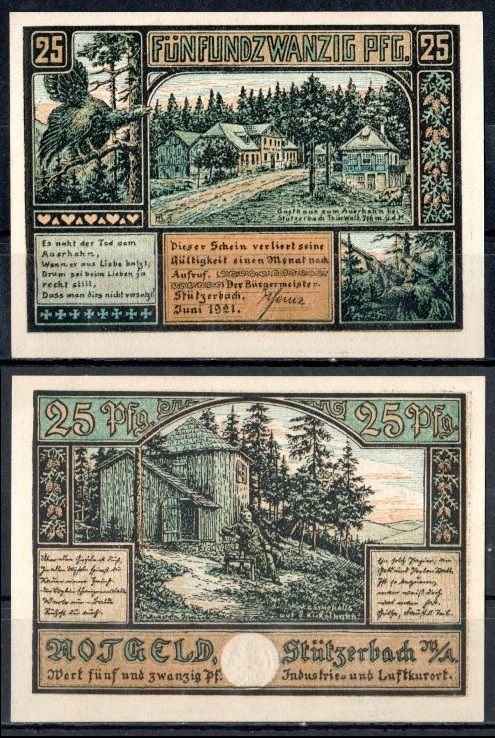 Штютцербах (Тюрингия) 25 пфеннигов 1921 Mehl Grabowski 1287.3-3/4 бумага UNC (пресс) 7556-62-1-2