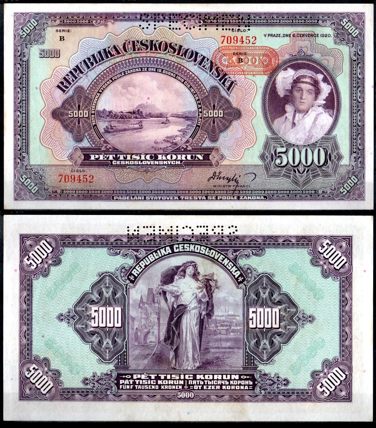 Богемия и Моравия 5000 крон 1920 (1943) образец - SPECIMEN. Река Лабе/Эльба, островные грузовые суда, девушка в костюме рабочего Pick 16 бумага UNC (пресс) 451-1079-1