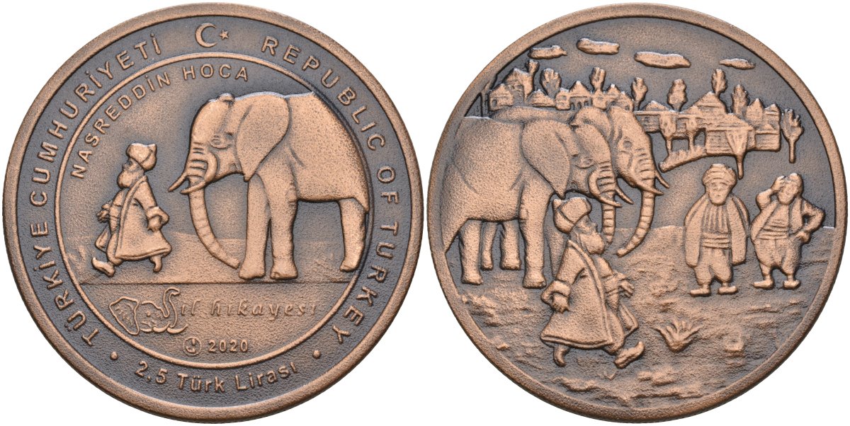 Турция 2 1/2 лиры 2020 Ходжа Насреддин, история слона Тимура KM NEW бронза UNC 1071-10-52
