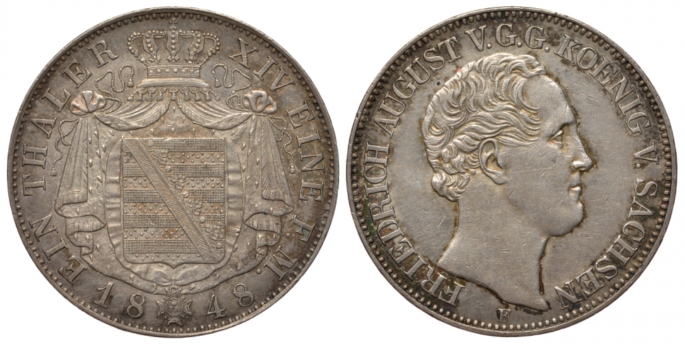 Саксония 1 талер 1848 Фридрих Август II Dav. 875, KM 1162 серебро aUNC 00-804-45