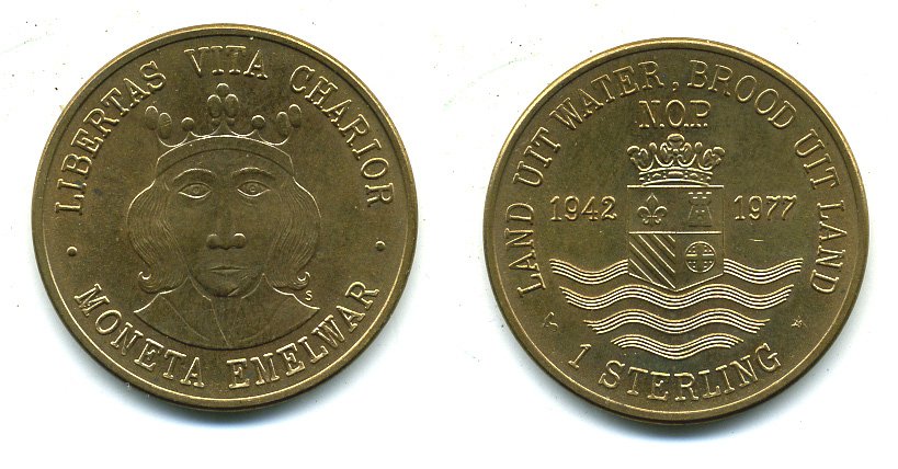 Нидерланды 1 стерлинг 1977 монетовидный жетон Moneta Emelwar 1942-1977  латунь  UNC 25-624