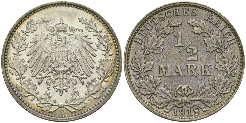 ГЕРМАНИЯ 1/2 МАРКИ 1918 E J. 16, KM 17 серебро UNC 65-257