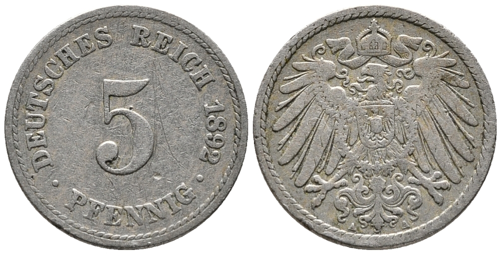 ГЕРМАНИЯ 5 ПФЕННИГОВ 1892 A KM 11, J. 12 медно-никель 39-643