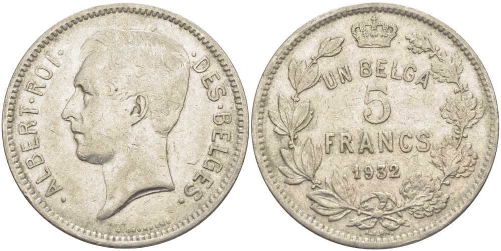 БЕЛЬГИЯ 5 ФРАНКОВ 1932 АЛЬБЕРТ I, DES BELGES KM 97.1 никель 3851-215
