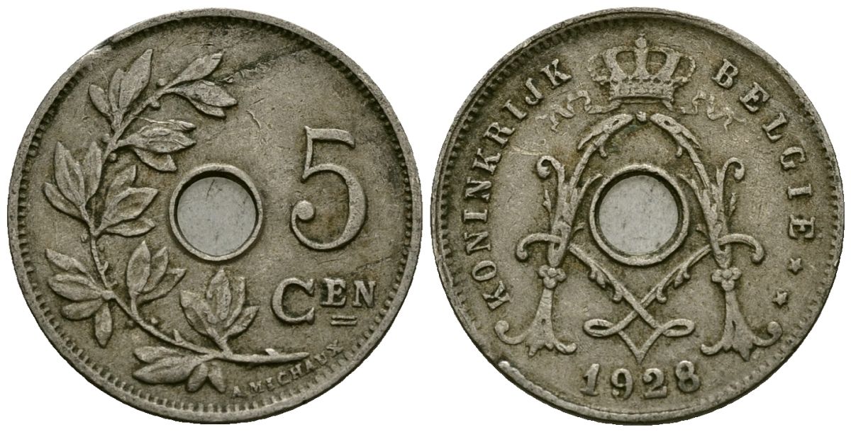 Бельгия 5 сантимов 1928 Belgie KM 67 медно-никель 4173-325