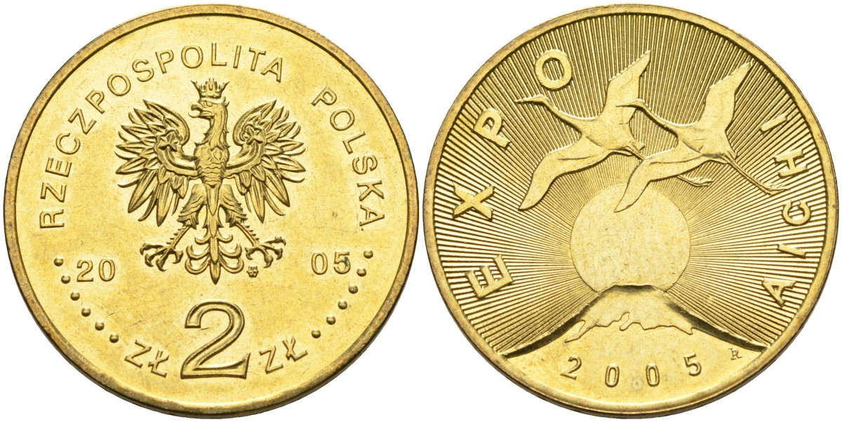 Польша 2 злотых 2005 MW, Япония, экспо 2005 KM 949, Parchimowicz 949 латунь 00-00