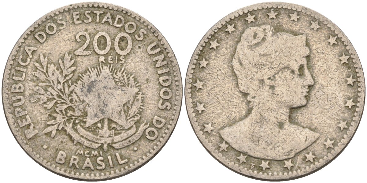 Бразилия 200 рейс 1901 голова свободы вправо KM 504 медно-никель 4589-1047