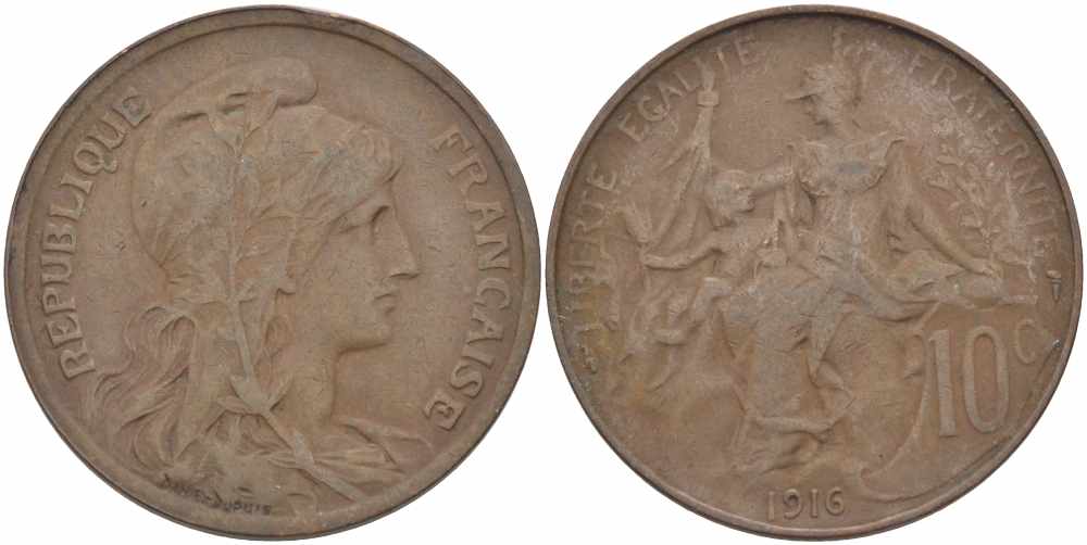 ФРАНЦИЯ 10 САНТИМОВ 1916 ТИП ДАНИЭЛЬ ДЮПЮИ KM 843, LA FRANC 136.27 бронза 109-415
