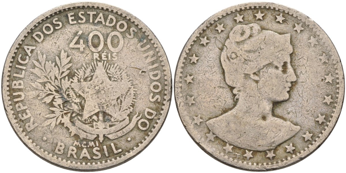 Бразилия 400 рейс 1901 голова свободы вправо KM 505 медно-никель 4367-143