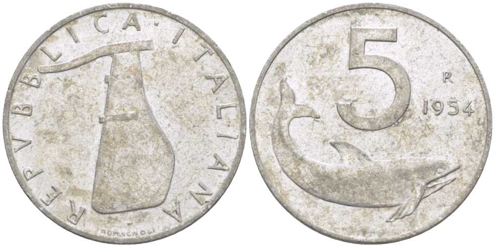 ИТАЛИЯ 5 ЛИР 1954 R, РУЛЬ, ДЕЛЬФИН KM 92 алюминий 175-117