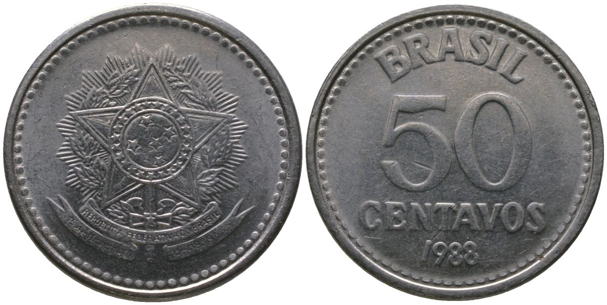 Бразилия 50 сентаво 1988 KM 604, Schon 113 нержавеющая сталь 4523-152