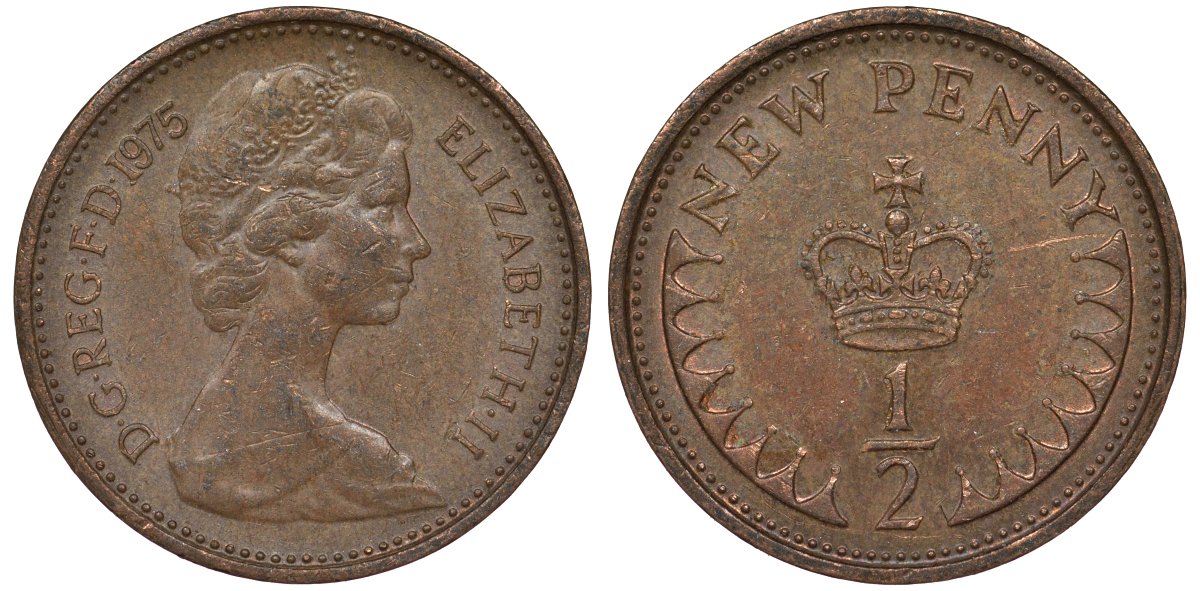 Великобритания 1/2 пенни 1975 Елизавета II (1952-2022) KM 914, Spink 4239 бронза 4124-562