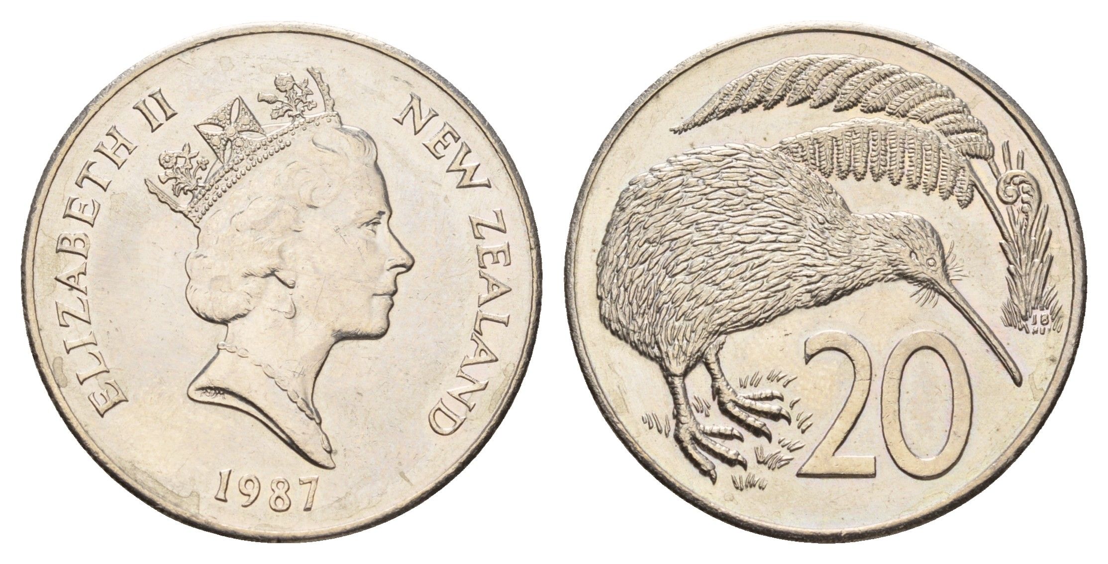 Новая Зеландия 20 центов 1987 Елизавета II (1952-2022), птичка киви KM 62 медно-никель UNC 4671-535