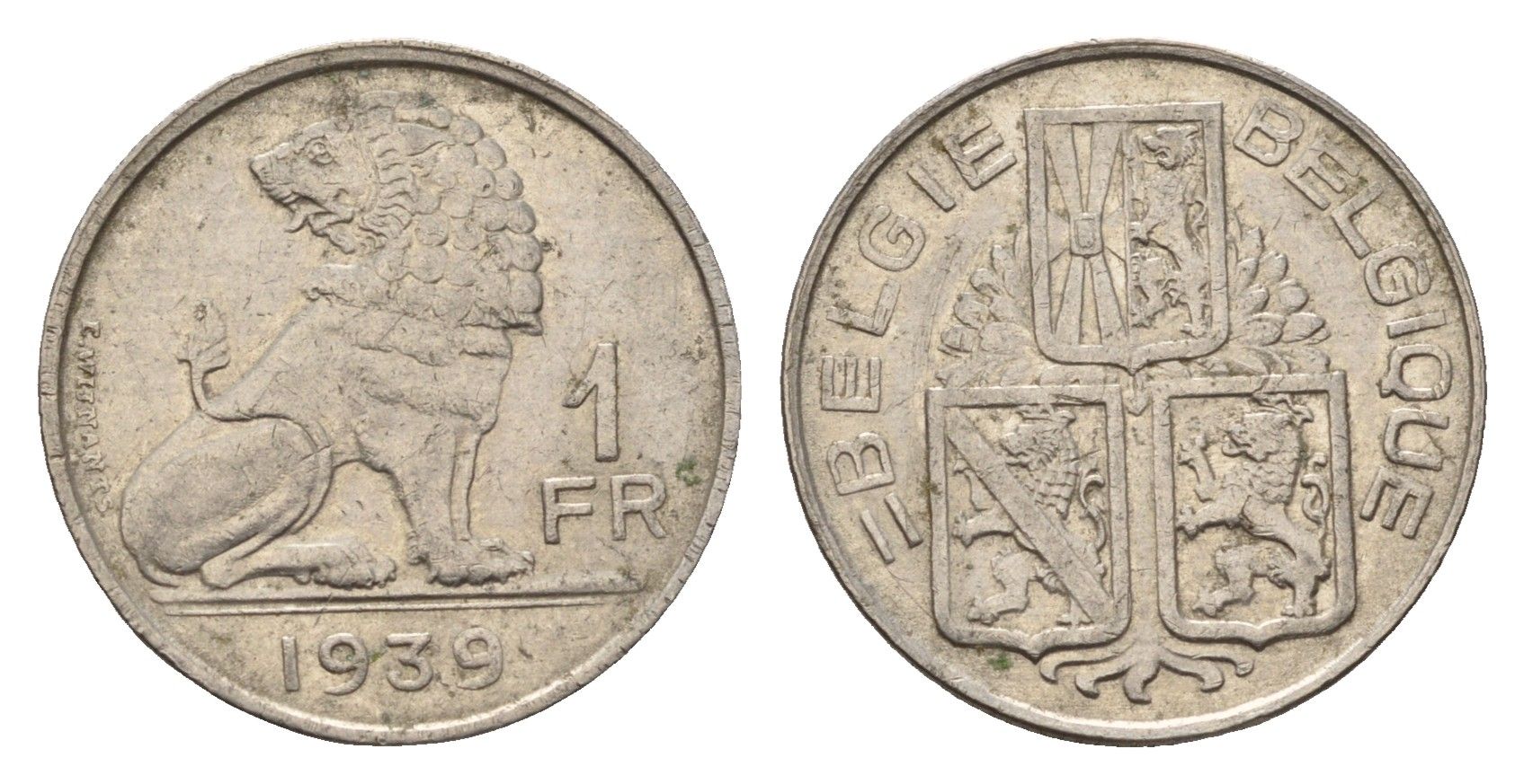Бельгия 1 франк 1939 Belgie - Belgique KM 120 никель 4119-1212