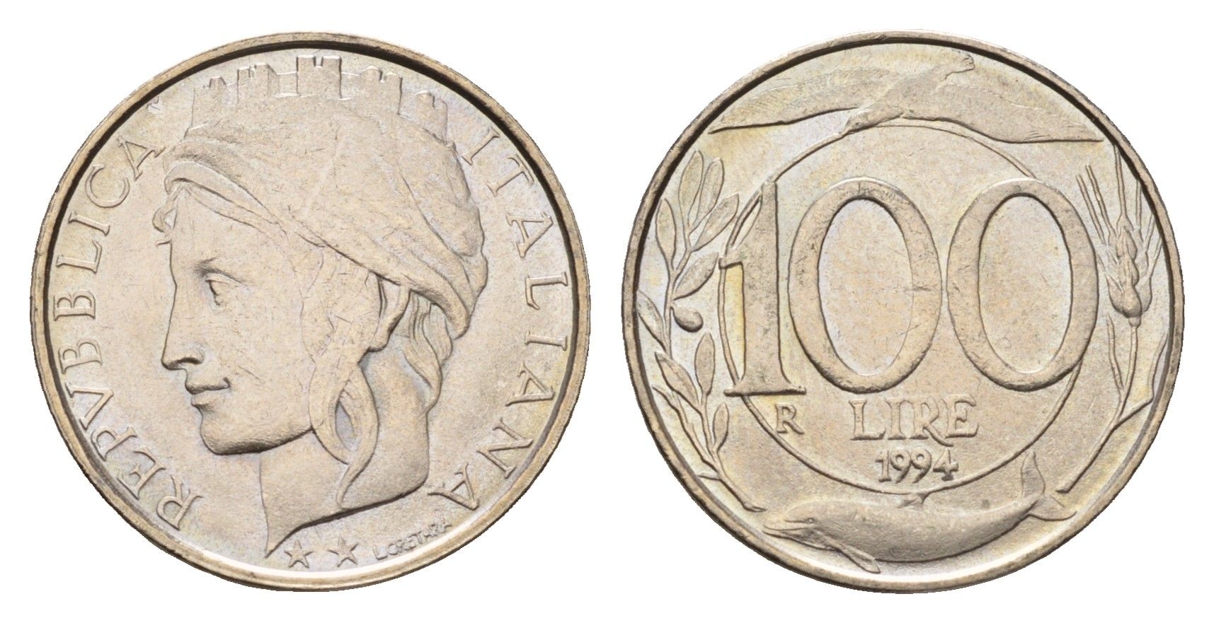 Италия 100 лир 1994 R, дельфины KM 159 медно-никель 4119-555