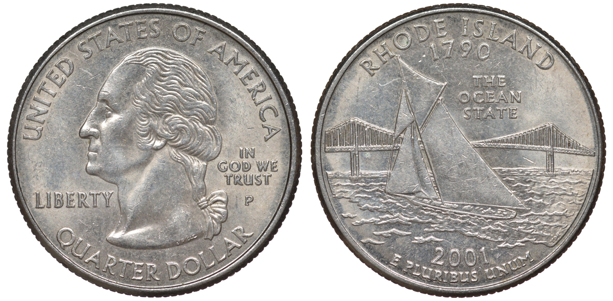 США 25 центов = квотер 2001 Р, серия штаты США, Род-Айленд KM 320 медь плакированная медно-никелем 4538-1225