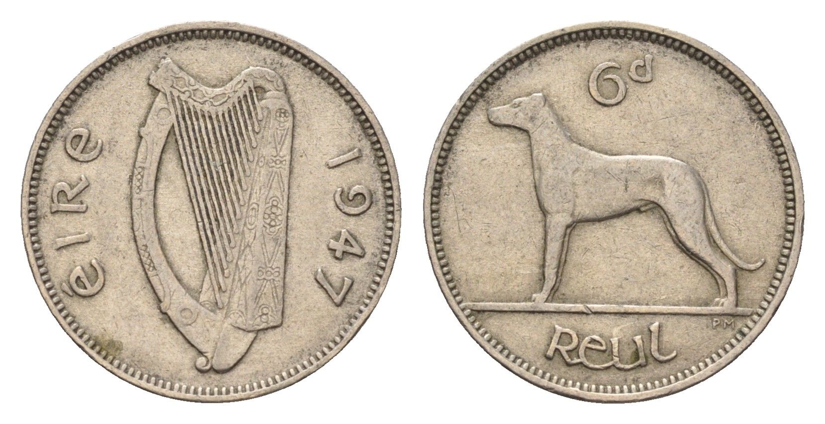 Ирландия 6 пенсов 1947 собака, ирландский волкодав KM 13a медно-никель 4690-327