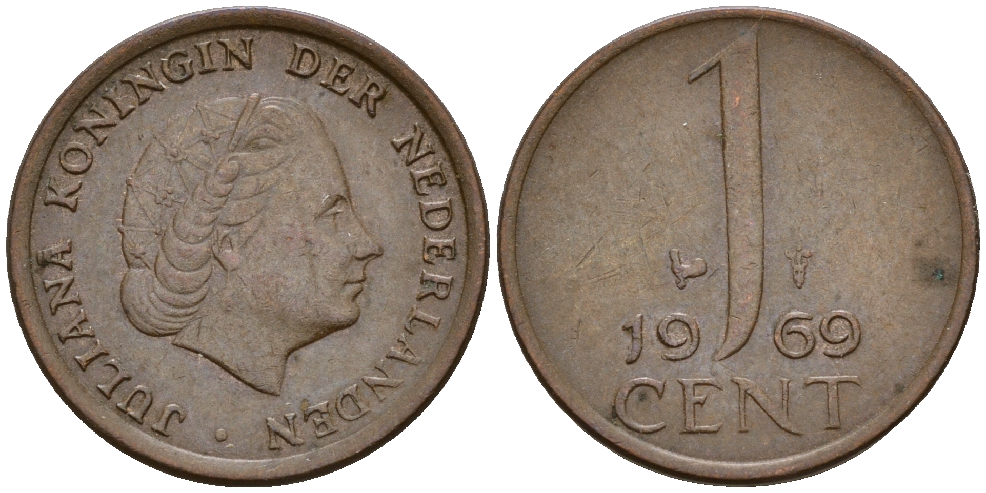 Нидерланды 1 цент 1969 Юлиана (1949-1980) haan KM 180 бронза    4598-252